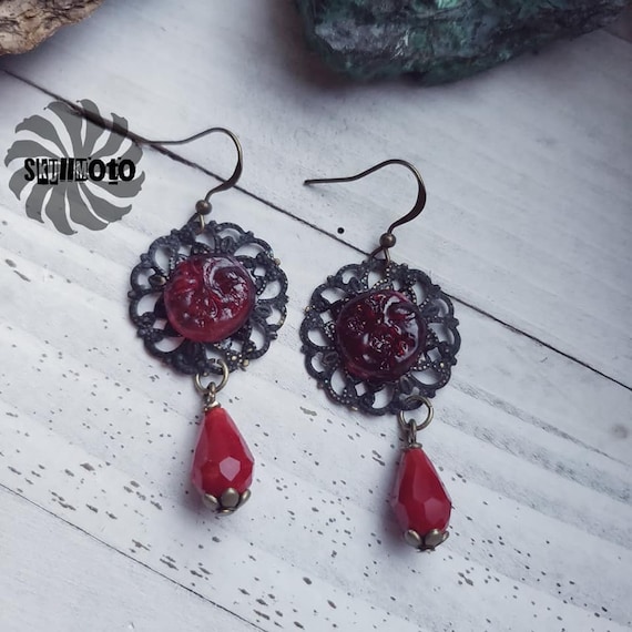 Gothic Enhanced Filigree and Resin Face Earrings with Crystals