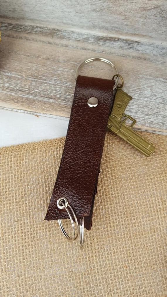 Leather Triple Ring Keychain, Key Fob with Handgun
