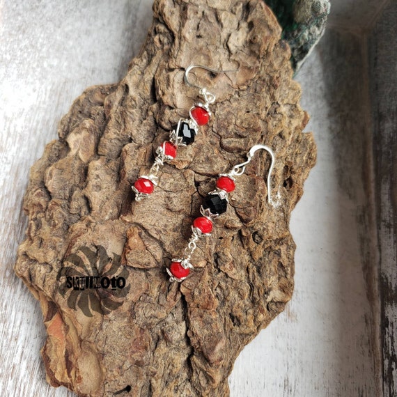 Red & Black Crystal Bead w/Silver Wire Wrapped Earrings