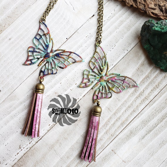 Enhanced Butterfly Necklace with Leather Tassel