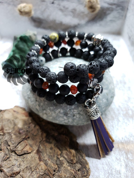 Black Agate & Lava Rock Wrap Bracelet with Tassel and Charms