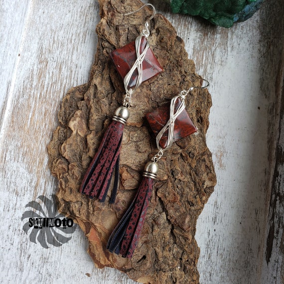 Wire Wrapped Jasper & Leather Tassel Earrings