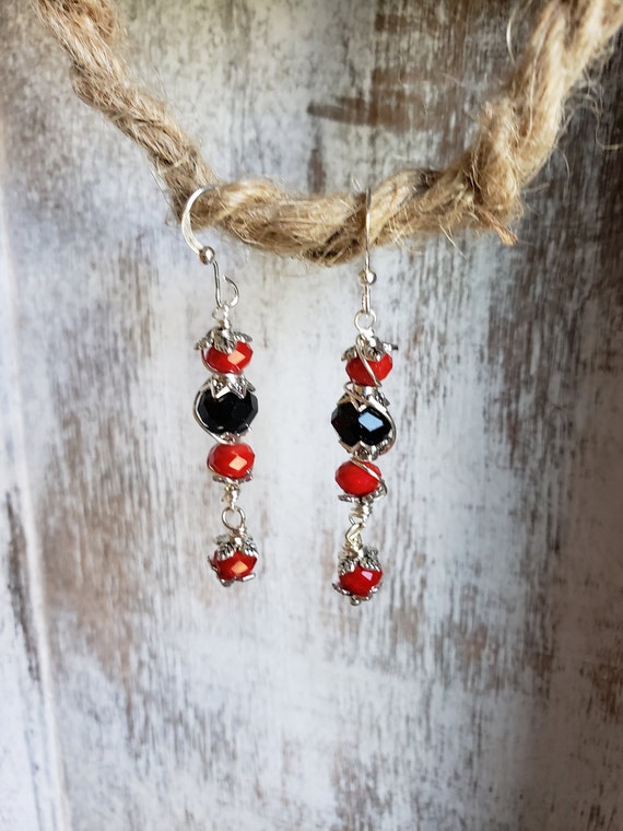 Red & Black Crystal Bead w/Silver Wire Wrapped Earrings