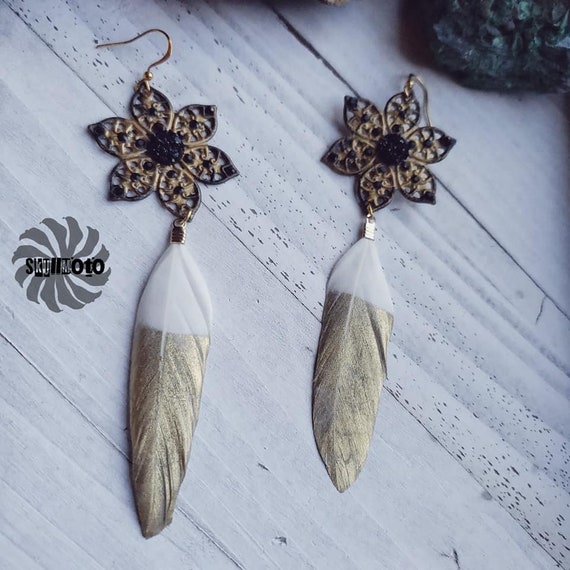 Golden Quil Enhanced Filigree and Golden Dipped Feather Earrings