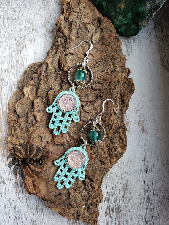 Tibetan Hamsa Hand Earrings with Jade