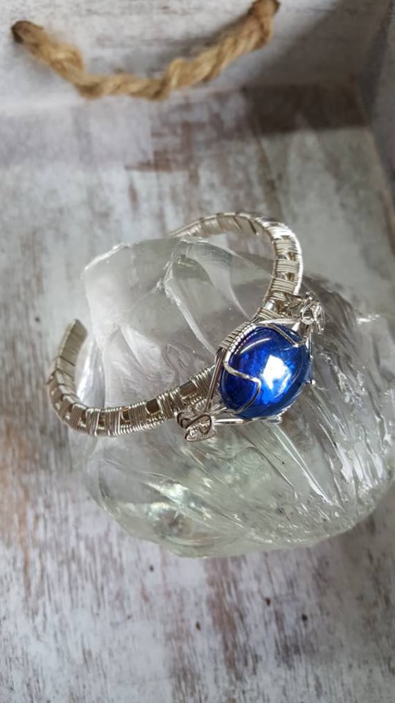 925 Silver Cuff Bracelet, Wire Wrapped, Cobalt Blue Glass Cabochon
