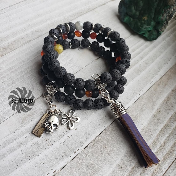 Black Agate & Lava Rock Wrap Bracelet with Tassel and Charms