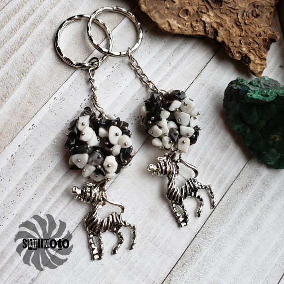 Zebra Keychain with Black Agate and White Argonite Clusters, Key Fob