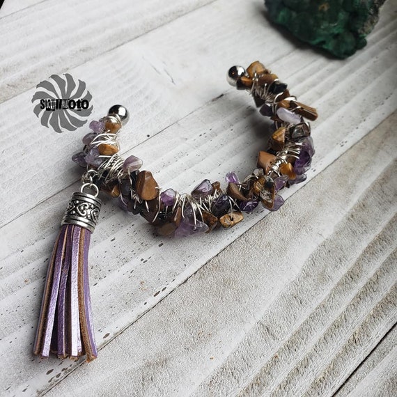 Tigerseye & Amethyst Wire Wrapped Cuff Bracelet with Tassel