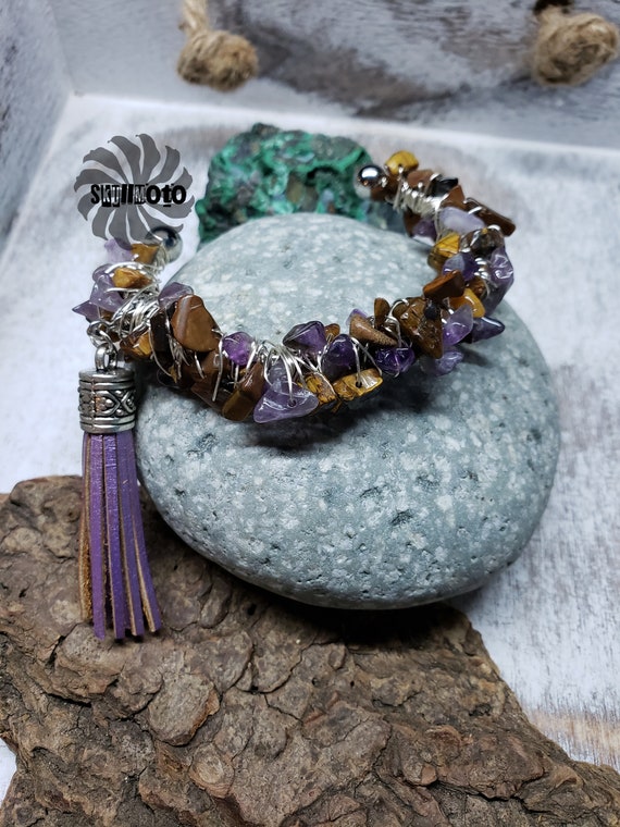 Tigerseye & Amethyst Wire Wrapped Cuff Bracelet with Tassel