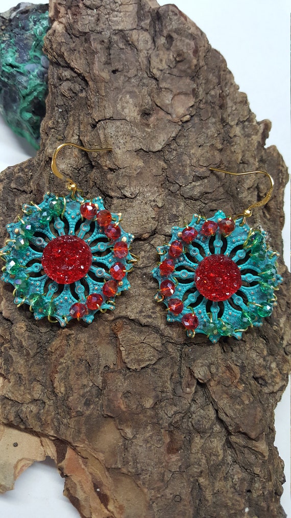 Red Druzy Filigree Earrings with wire wrapped Crystals