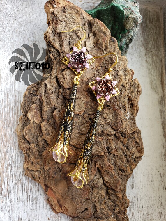 Blushing Chrysanthemum GoldTone Patina Enhanced Filigree Earrings with AB Druzy & Crystals