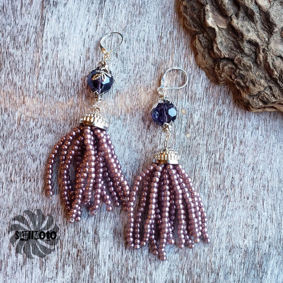Dancing Lavender Glass Pearl Tassel Earrings with Purple Crystals