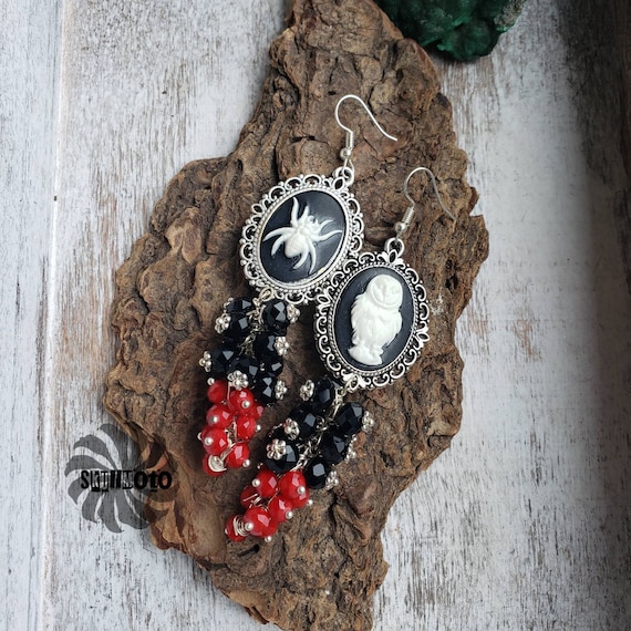 Crystal Goth Owl-Spider Crystal Cluster Earrings