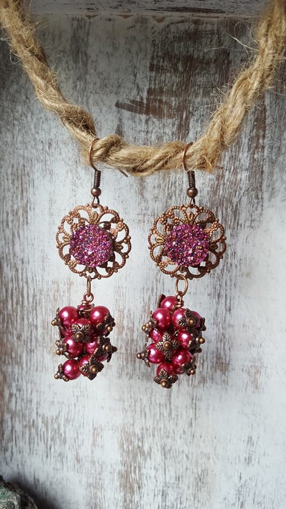 Druzy, Filigree & Glass Pearl Cluster Earrings