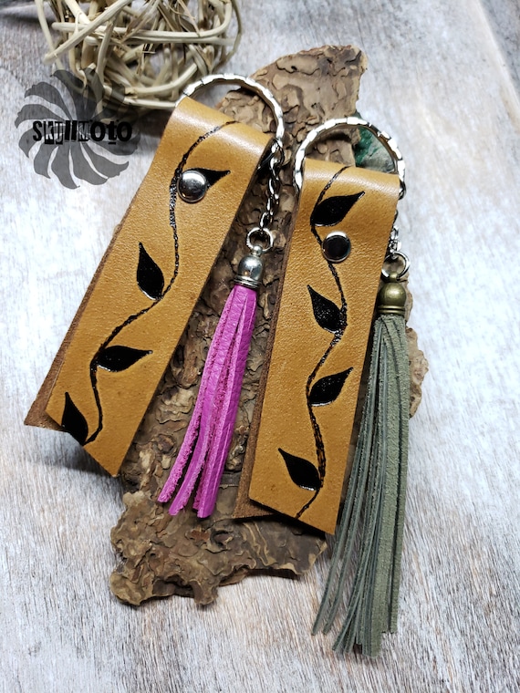 Pyrography Ivy Keychain, Key Fob with Tassel