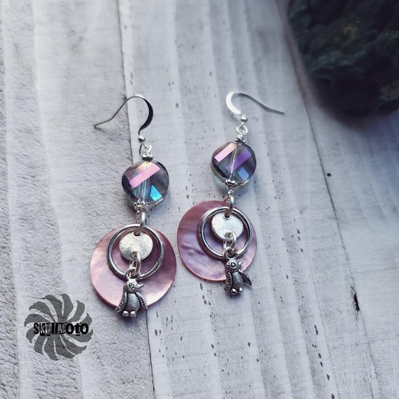 Mother of Pearl Disc, Crystal & Penguin Earrings