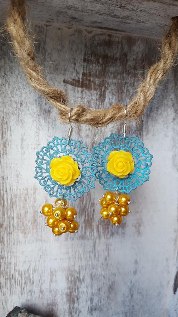 Yellow Floral & Filigree Cluster Earrings
