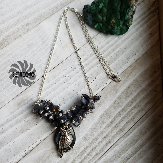 Black Cat's Eye Cluster necklace with Owl