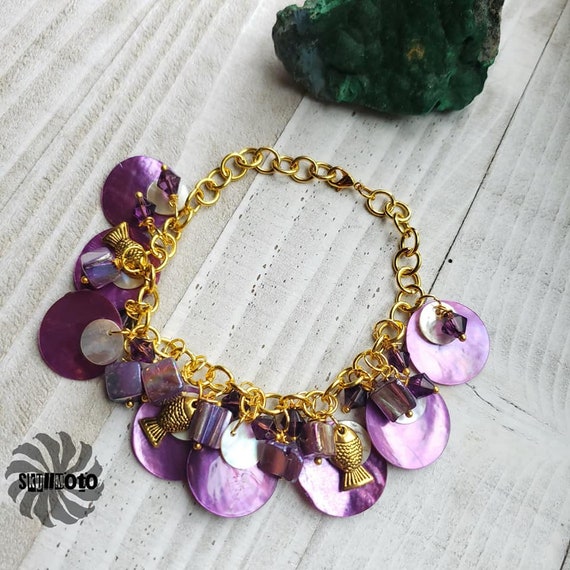 Mother of Pearl Disc, Crystal & Fish Charm Bracelet