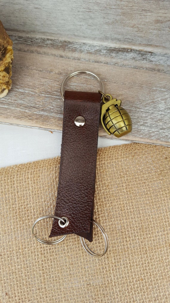 Leather Triple Ring Keychain, Key Fob with Grenade
