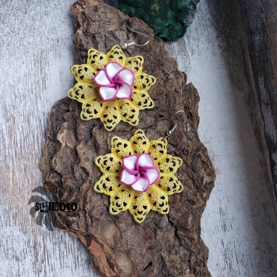 Yellow Filigree & Pink Polymer Flower Earrings