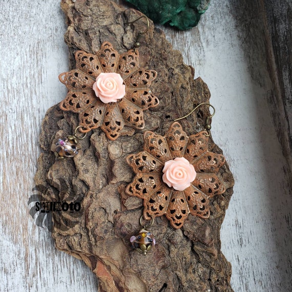 Brassy Burnt Orange Filigree Earrings with Acrylic Flowers & Lampwork Cake Beads