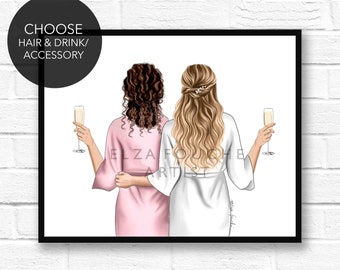 Bridesmaids Getting Ready (CUSTOMISABLE) / Personalised Bridesmaid Print - Maid of Honour Print - Bride Art - Bride Gift - Custom Art