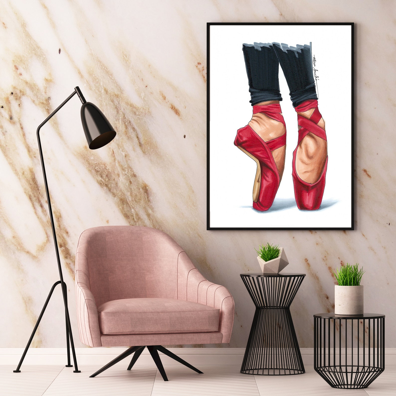 red ballet shoes - gifts for her - fashion art print - fashion illustration - ballet - ballerina - ballet art - ballet print