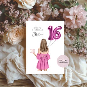DIGITAL DRUCKBAR / Personalisierte 16.Geburtstagskarte - Freundin Karte - Tochter Karte - alles Gute zum Geburtstag - Digital Download