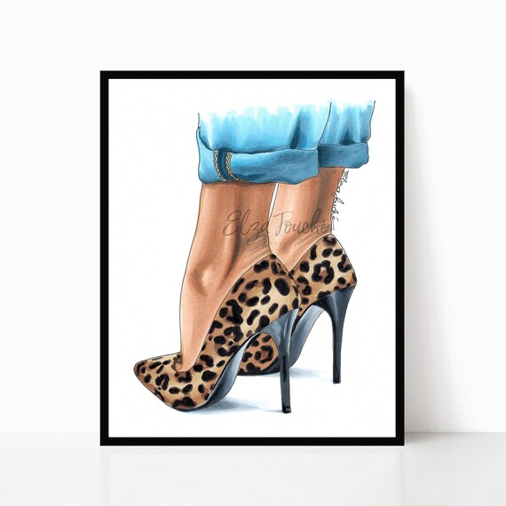 Fashion illustration leopard heels womens shoes fashion | Etsy