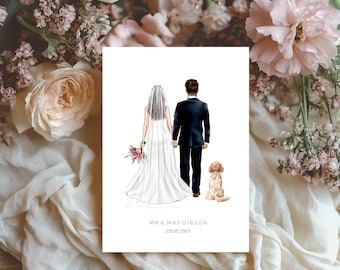Bride, Groom and Pet Dog Card / Personalised Wedding Card - Card for Newlyweds - Bride and Groom - Just Married - Wedding Card Keepsake