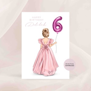 DIGITALE AFDRUKBARE / Birthday Girl Card - Gepersonaliseerde kaart - 6e verjaardag - 7e verjaardag - Happy Birthday - Ballonnen - Kaart voor haar