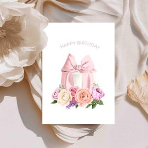 Birthday Card For Her / Pink Bow Birthday Cake Card with Flowers - Happy Birthday - Card For Granddaughter - Card for Girls