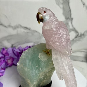 Hand carved Rose Quartz Parrot w/ Raw Aquamarine