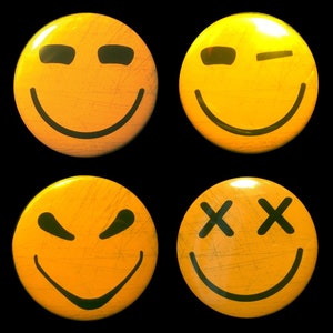 May include: Four yellow smiley face buttons with different expressions. The top left button has a closed eye expression. The top right button has a winking expression. The bottom left button has a squinting expression. The bottom right button has an X for eyes.