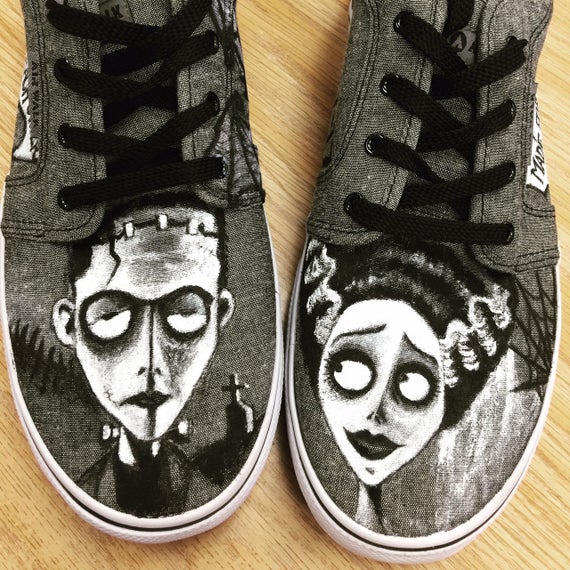 Frankenstein and his bride on custom painted shoes for a vow | Etsy