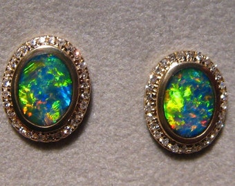 Brilliant Opal & Diamond Earrings 14k Yellow Gold
