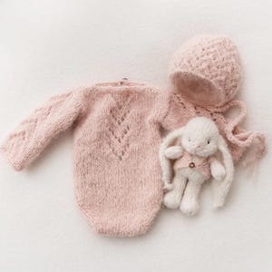 Knitted Bunny, Newborn Bonnet and Romper set, Newborn unisex, Handmade,Bunny Hat, photography props, gift set, baby shower gift.