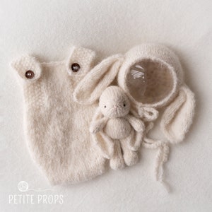 Knitted Bunny, Newborn Bunny Bonnet and Romper set, Newborn unisex, Handmade,Bunny Hat, photography props, gift set, baby shower gift.