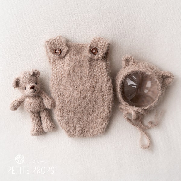 Teddybär, gestrickter Bär, Teddymütze und Strampler-Set, Neugeborenen unisex, Bärenmütze, handgemacht, Fotografie Requisiten, Geschenk-Set, Baby-Dusche-Geschenk.