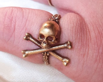 Anillo de calavera pirata ajustable con huesos cruzados / Latón / Plata de ley 925 / Oro / Para mujer