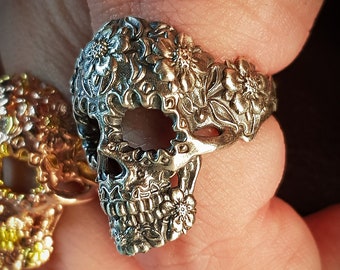dia de los muertos detail handcrafted Sugar Skull Ring | 925 Sterling Silver and Gold Plated | For Women