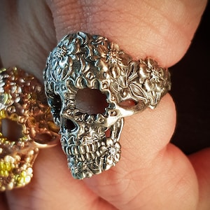 dia de los muertos detail handcrafted Sugar Skull Ring | 925 Sterling Silver and Gold Plated | For Women