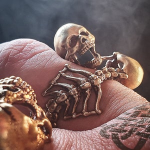 Gothic Unique Embrace Skull Skeleton Adjustable Ring | Brass and 925 Sterling Silver | For Women Men