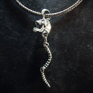 May include: Silver skull pendant necklace with a long, twisted, snake-like chain. The skull has red eyes.