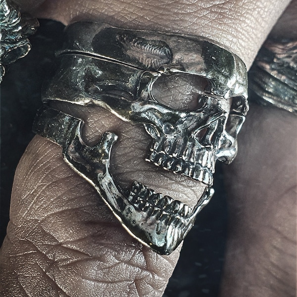 Gothic Stackable 3 Layered Sterling Silver Skull Ring | Skull Band Ring | For Men Women