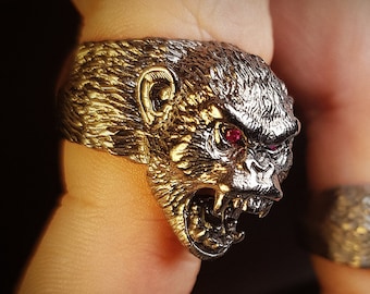Snarling Chimp Monkey Animal Ring | 925 Sterling Silver | For Men