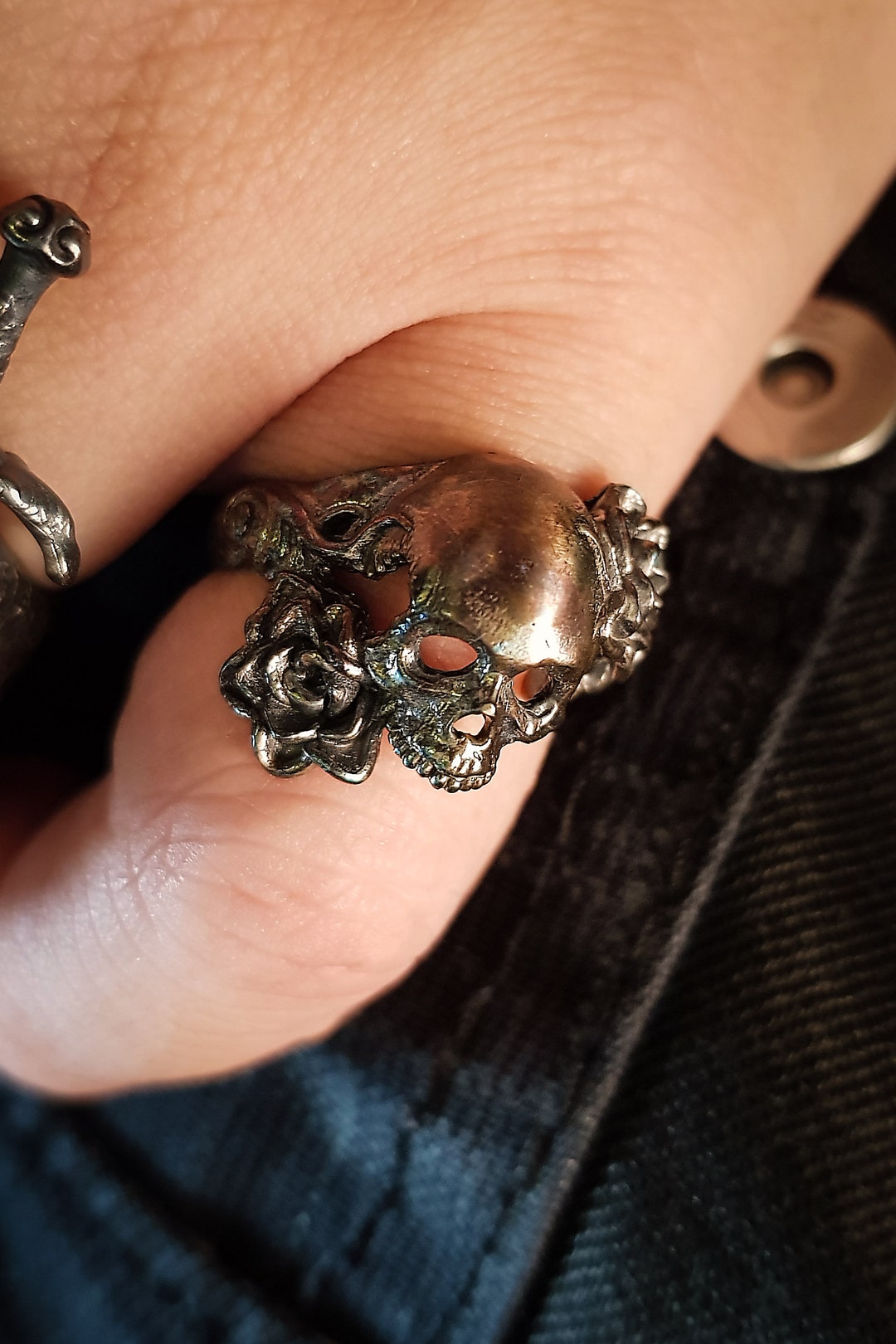 Skull And Roses Rings Double Rose Love Flower Half Skull Head Ring | 925 Sterling Silver ...