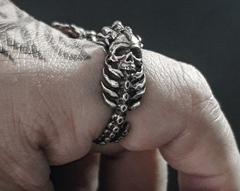 Gothic Twin Skull Head Adjustable Skeleton Ring with Ribcage | Brass and 925 Silver | For Men and Women